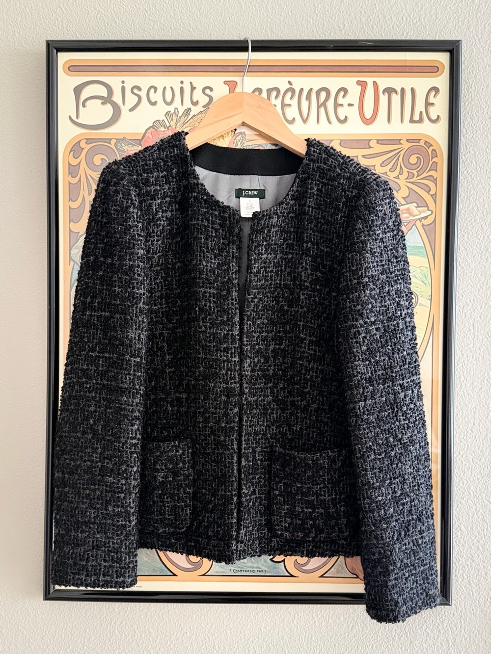 J. Crew Black and Grey Tweed Open-Front Bouclé Blazer - 0